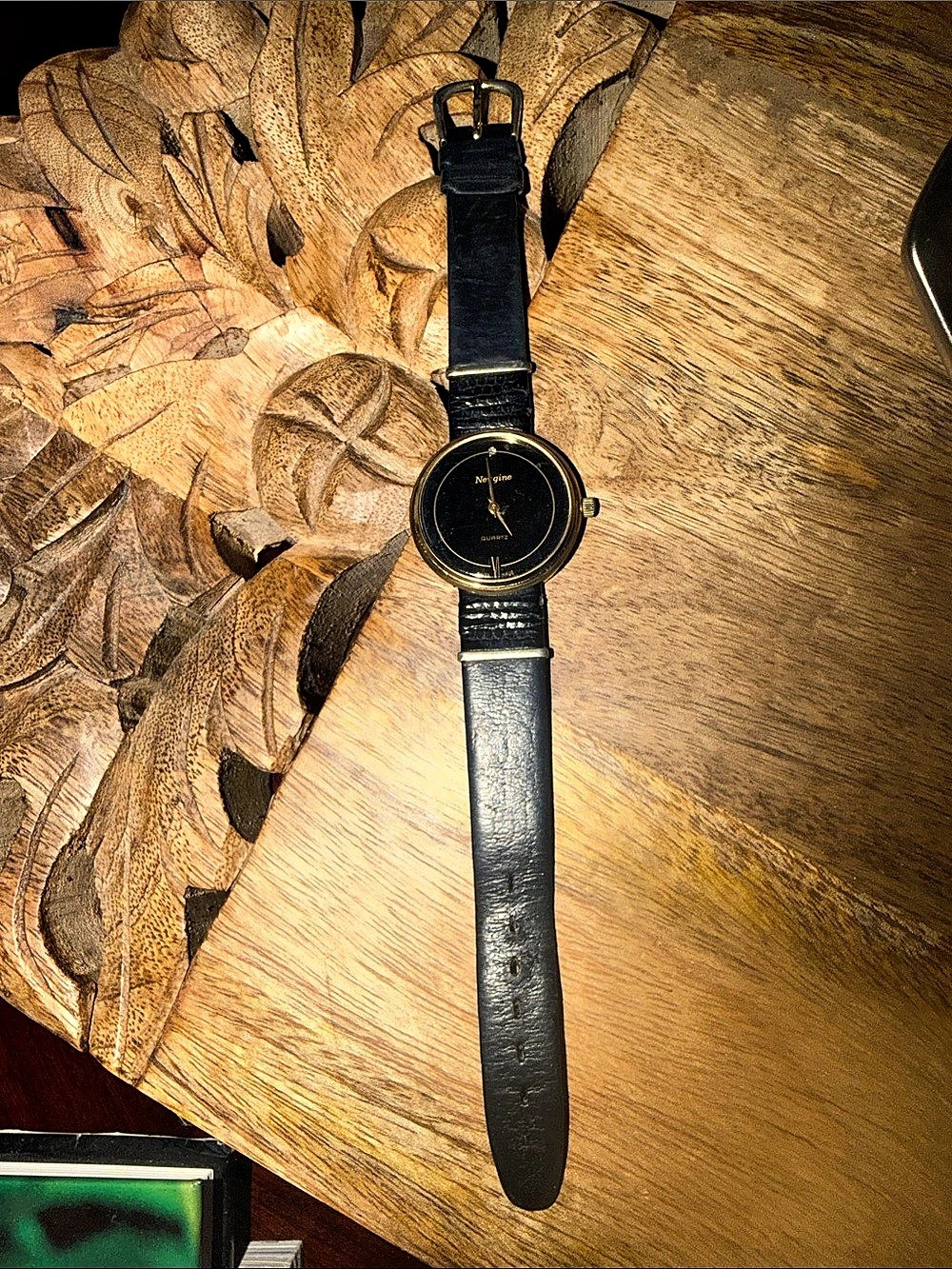 Neugine Black & Gold Leather Strap Watch